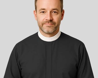 May include: A black long-sleeve shirt with a white clerical collar. The shirt has a button-down front and is paired with a black belt and gray pants. The shirt is made of a smooth, solid fabric.