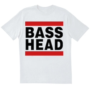 May include: White t-shirt with the words "BASS HEAD" in bold black letters, framed by two horizontal red lines. The shirt is a classic crew neck style.