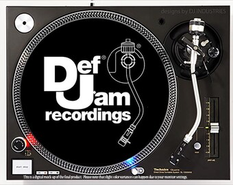 May include: A black turntable with a white Def Jam Recordings logo on the platter. The turntable has a silver tone arm and a silver control panel.