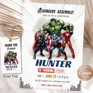 Könnte beinhalten: Einladung zum Geburtstag im Avengers-Stil mit Hulk, Thor, Captain America und Iron Man. Die Einladung enthält den Text "HUNTER IS TURNING FOUR!" und ein passendes "THANK YOU AVENGER!"-Etikett. Es ist eine Canva-Vorlage.