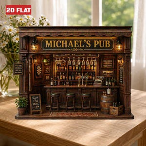 Personalized Dad Pub Wooden Block, Vintage Bar Storefront Decor, Rustic Shelf Bar Sign 2D Flat, Pub House Decor Gift, Fathers Day Gift Papa