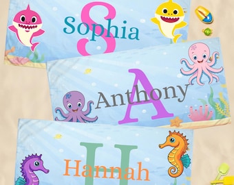 Personalized Kids Beach Towel With Name, Cute Ocean Animals Pool Towel, Custom Beach Towel Gift For Girls Or Boys, Birthday Gift For Kids