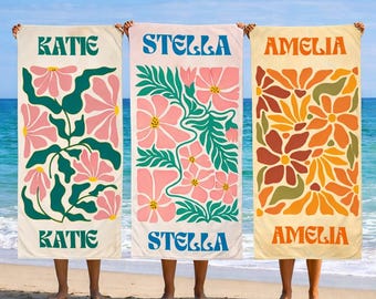Personalized Retro Flowers Beach Towels,  Bachelorette Party Towel, Custom Towel For Women, Floral Pool Towel, Summer Vacation Gift For Her