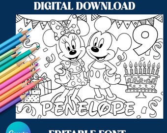 Bewerkbare Mickey en Minnie Mouse kleurplaat, placemat, inkleuren, digitaal