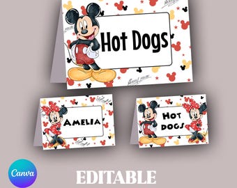 Editable Minnie and Mickey Mouse Birthday Table Tents, Place Cards (Digital Download)