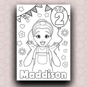 May include: Black and white coloring page featuring a cartoon girl with outstretched arms, a balloon with the number 2, and the name "Maddison". The page includes decorative elements like stars, hearts, flowers, and musical notes, perfect for a birthday celebration.