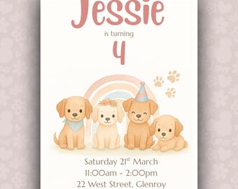 Sjabloon verjaardagsuitnodiging puppy | Bewerkbare puppyfeestuitnodiging | Afdrukbare verjaardag van schattige hond | Pastelkleurige puppyverjaardag | Canvassjabloon