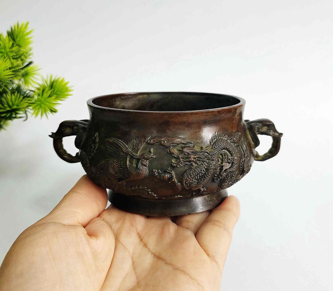 ヴィンテージブロンズ彫刻の龍と鳳凰の香炉 - Etsy 日本