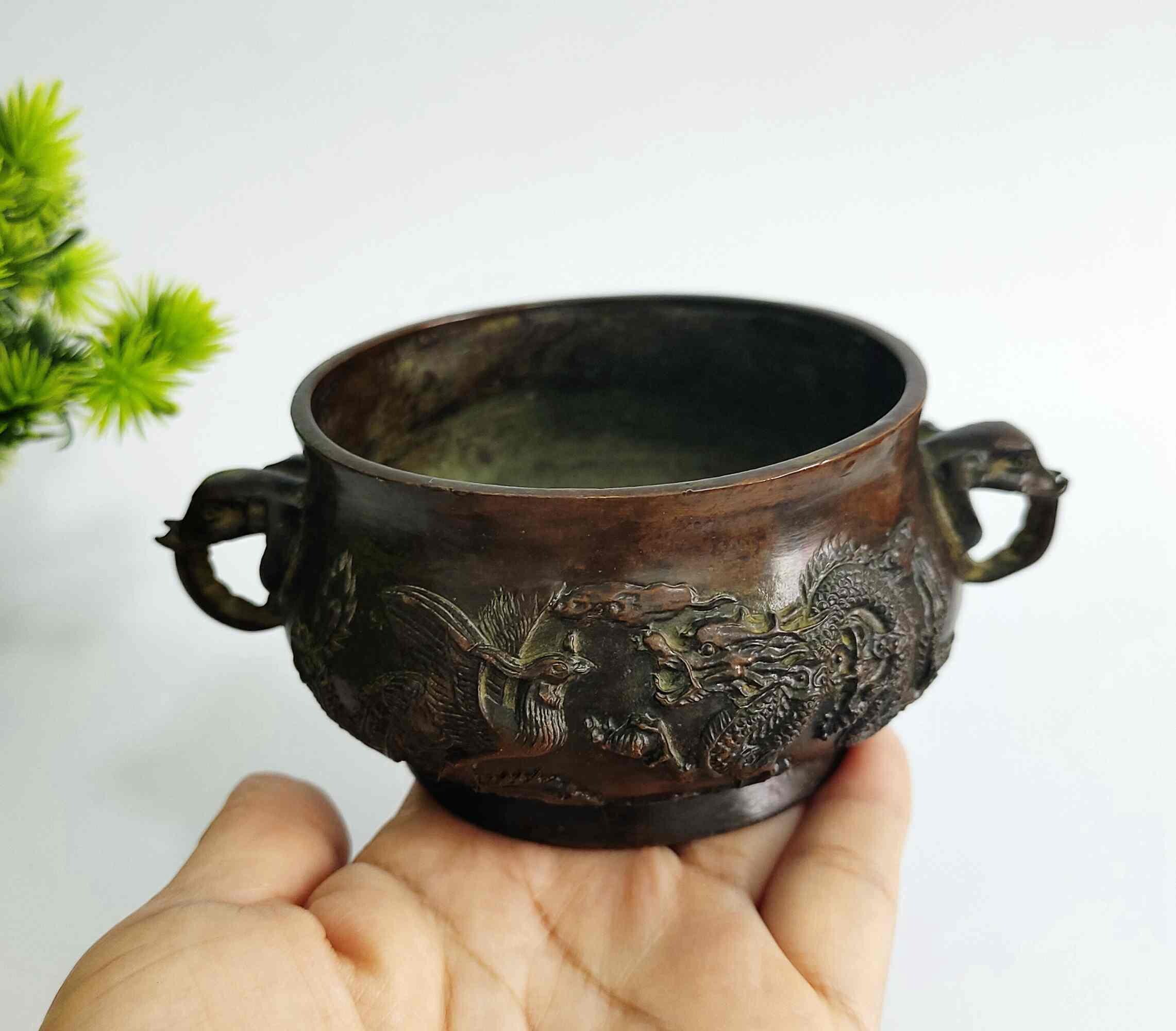 ヴィンテージブロンズ彫刻の龍と鳳凰の香炉 - Etsy 日本