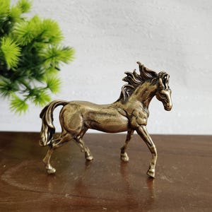 Op de afbeelding: Een bronzen paardenbeeldje in een dynamische pose, met een vloeiende manen en staart. De sculptuur is gedetailleerd en legt de spieren en elegante vorm van het paard vast. Het beeldje staat op een houten oppervlak, met een groene plant op de achtergrond.
