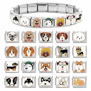 May include: A stainless steel charm bracelet featuring various dog breeds. Each charm is a different dog, with colorful enamel details. The dogs include a poodle, husky, and corgi. The bracelet is a link style.