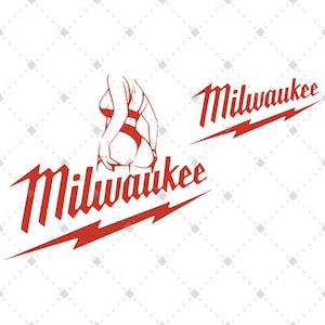 Op de afbeelding: Rood grafisch ontwerp met het woord "Milwaukee" in een gestileerd lettertype, vergezeld van een bliksemschicht. Er is ook een rode illustratie van een persoon in badkleding aanwezig. Het ontwerp staat op een witte achtergrond.