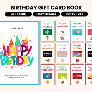 May include: A birthday gift card book with the text "BIRTHDAY GIFT CARD BOOK" at the top. The book features a colourful "HAPPY BIRTHDAY" design and gift cards for various occasions, including "Pizza Night" and "Fast Food".