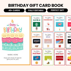 May include: A birthday gift card book featuring a cake design and the words "Happy Birthday." The book contains gift cards for different occasions, including food delivery, sweet treats, and new games. The text "40+ Cards" is displayed.