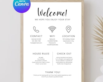 Plantilla editable de letrero de bienvenida de Airbnb: Decoración minimalista para alquiler vacacional, letrero de wifi, Vrbo (descarga digital)