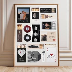 May include: A framed collage featuring photos, matchboxes, and other memorabilia. Includes a photo with "i love you", a moon image, and a photo with the text "New York August 2025". Other elements include a pool ball, a film strip, and a map with "Miami, Florida".
