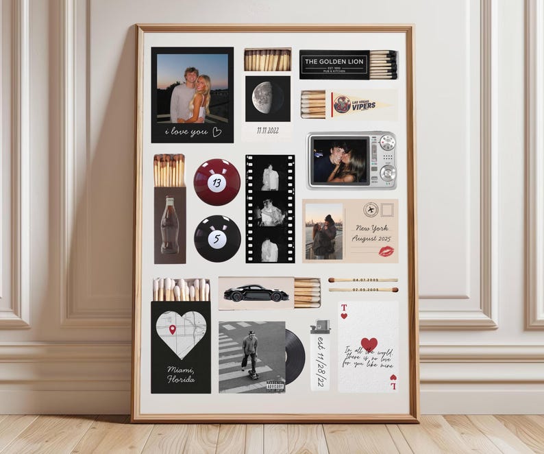 May include: A framed collage featuring photos, matchboxes, and other memorabilia. Includes a photo with "i love you", a moon image, and a photo with the text "New York August 2025". Other elements include a pool ball, a film strip, and a map with "Miami, Florida".