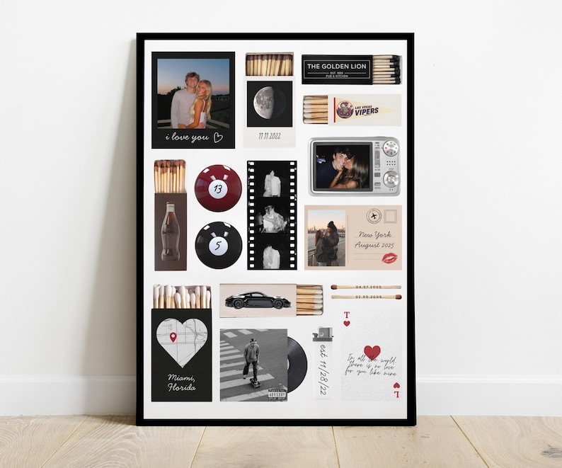 May include: A framed collage featuring various images and objects. Includes a photo with the text "i love you", a photo of a couple, a photo of a car, a photo of a person skateboarding, a photo of a moon, matchboxes, pool balls, and playing cards.