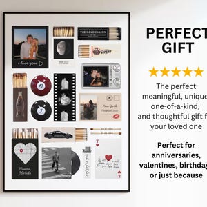 May include: A framed collage with various images and objects, including photos, matchboxes, and playing cards. The text "i love you" and "Miami, Florida" are visible. The words "PERFECT GIFT" are also displayed.