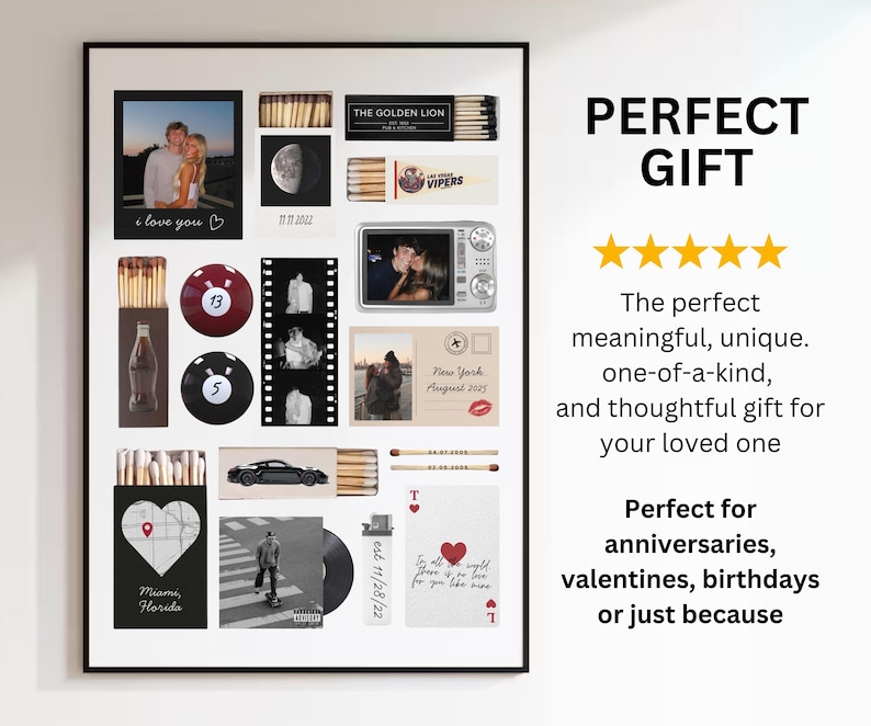 May include: A framed collage with various images and objects, including photos, matchboxes, and playing cards. The text "i love you" and "Miami, Florida" are visible. The words "PERFECT GIFT" are also displayed.
