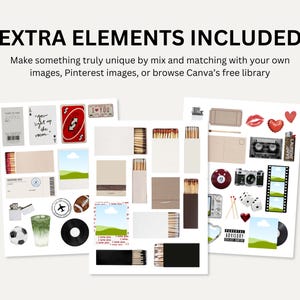 May include: A collection of various graphic elements, including a red Uno card, matchboxes, a cassette tape, and a film strip. The text "EXTRA ELEMENTS INCLUDED" is at the top, with additional text below.