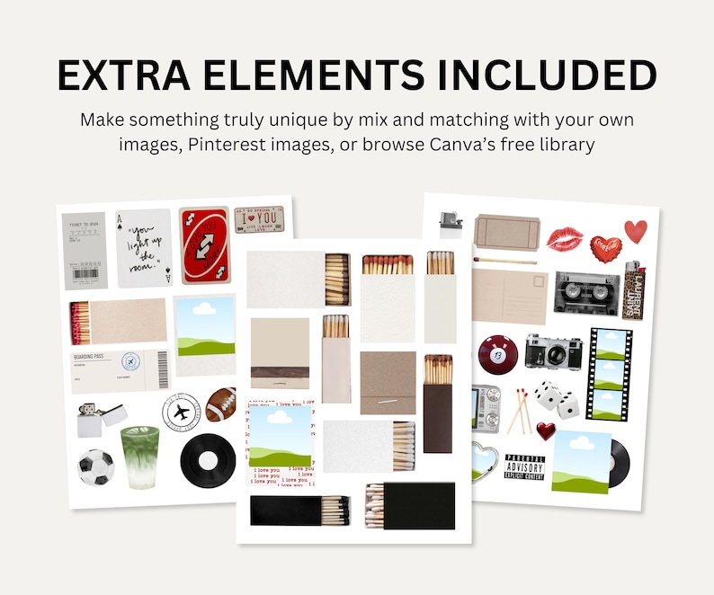 May include: A collection of various graphic elements, including a red Uno card, matchboxes, a cassette tape, and a film strip. The text "EXTRA ELEMENTS INCLUDED" is at the top, with additional text below.