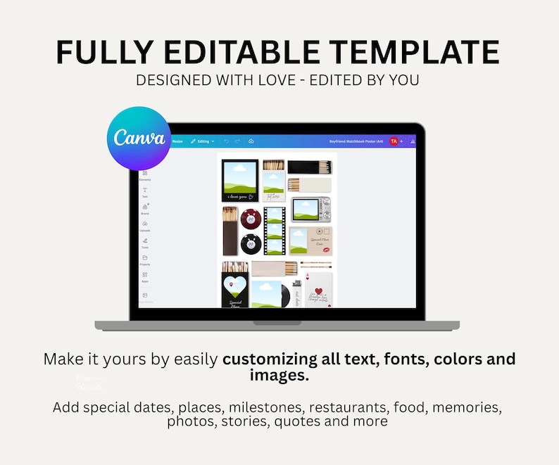 May include: A laptop screen displays a customizable template with the text "FULLY EDITABLE TEMPLATE" and "DESIGNED WITH LOVE - EDITED BY YOU." The Canva logo is visible. The template includes spaces for photos, text, and images.