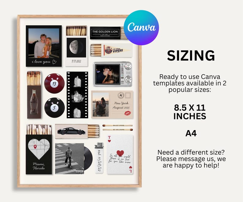 May include: A framed collage featuring various images and objects, including photos, matchboxes, playing cards, and a vinyl record. The text "love you" and "Miami, Florida" are visible. The sizing is 8.5 x 11 inches.