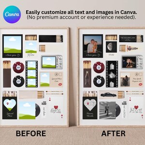 May include: Two framed collages, labeled "Before" and "After," showcasing customizable designs. Each collage features photos, text, and graphics, including matchboxes, pool balls, and film strips. The Canva logo is visible in the upper left corner.