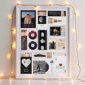 May include: A white framed collage featuring photos, matchboxes, and other memorabilia. Includes a photo with "i love you" text, a photo of a couple, a black sports car, and a map of Miami, Florida. The collage is decorated with string lights.