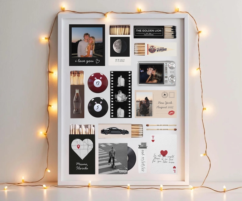 May include: A white framed collage featuring photos, matchboxes, and other memorabilia. Includes a photo with "i love you" text, a photo of a couple, a black sports car, and a map of Miami, Florida. The collage is decorated with string lights.