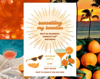 Invito di compleanno per festeggiare il tramonto dei miei anni Venti, Trenta, Quaranta - Modello Canva modificabile per qualsiasi età - Invito per cocktail party in spiaggia - Download digitale
