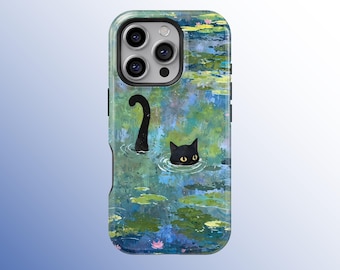 Whimsical Black Cat Water Garden Phone Case, Funny Cat MagSafe Phone Cover for iPhone 17 16 15 14 13 12 11 Pro Max, Samsung S25 S24 S23 S22