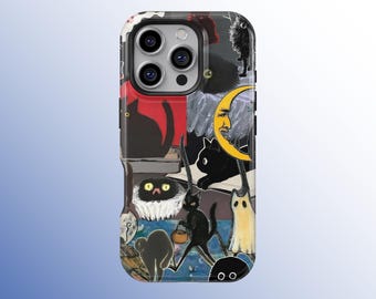 Black Cat Phone Case - Aesthetic Japan Kitty Art Phone Cover for iPhone 17 16 15 14 13 12 11 Pro Max, Samsung Galaxy S25 S24 S23 S22 Ultra