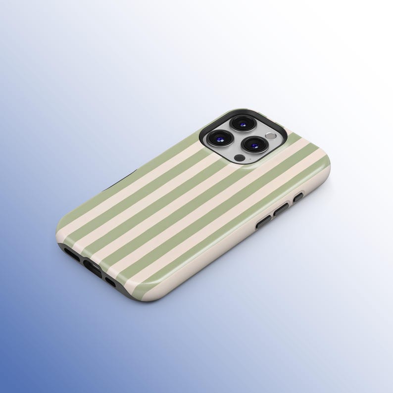 May include: A phone case with a striped pattern in light green and off-white. The case has a camera cutout and button details. The case is designed to fit a smartphone.