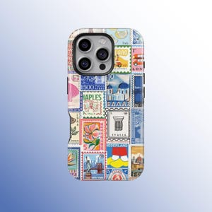 May include: A phone case featuring a collage of colorful postage stamps from various countries. The stamps include images of landmarks, flowers, and transportation, with text such as "Italy," "Naples," and "New York."
