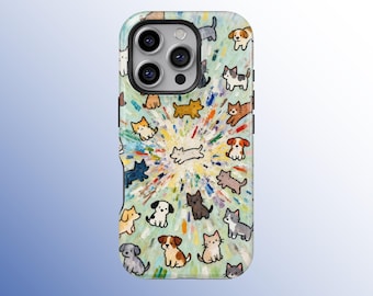 Whimsical Cute Dogs & Cats Burst Phone Case, Kawaii Pet Illustration MagSafe Cover for iPhone 17 16 15 14 13 12 11 Pro Max, Samsung S25 S24