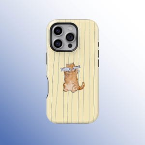 May include: A phone case with a yellow striped background and a cartoon cat illustration. The cat is orange and white, holding two fish in its mouth. The case has a black camera module and black side buttons.