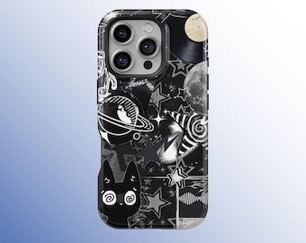 Funda para teléfono con diseño de gato negro, diseño de collage espacial con estética oscura, estilo grunge Y2K, para iPhone 17, 16, 15, 14, 13 y 12 Pro Max, Samsung S25 y S24
