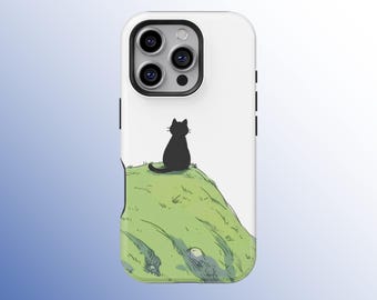 Black Cat on Hill iPhone Case, Girly Protective Phone Cover for iPhone 17 16 15 14 13 12 11 Pro Max, Samsung Galaxy S25 S24 S23 S22 Ultra