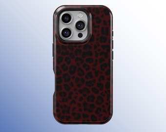 Burgundy Leopard Tough Phone Case, Animal Print Protective Cover for iPhone 17 16 15 14 13 12 11 Pro Max, Samsung S25 S24 S23 S22 S21 Ultra