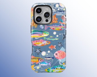 Simpatica custodia per telefono con pesci colorati, estetica sottomarina, graziosa grafica di vita marina, custodie per telefono alla moda, iPhone 17 16 15 14 13 12 11 Pro Max, Samsung S26