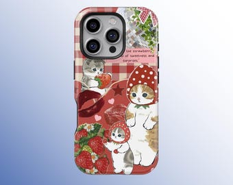 Cute Strawberry Cat Magnetic Tough Cases, Funny Cat Phone Case, Adorable Phone Cover for iPhone 17 16 15 14 13 12 Pro Max, Samsung S25 S24