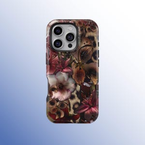 May include: A phone case featuring a floral design with a leopard print background. The case has a mix of dark red, pink, and brown flowers. The case has a glossy finish and a camera cutout.