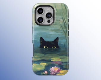 Mystic Black Cat Water Lily Art Phone Case, Cute Funny Cat MagSafe Tough Cover for iPhone 17 16 15 14 13 12 11 Pro Max, Samsung S25 S24 S23