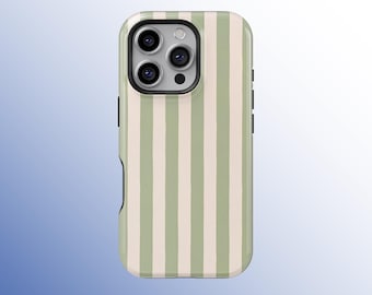 Etui na telefon w paski w kolorze szałwiowej zieleni, kremowo-zielone etui w retro linie, etui w stylu francuskim, iPhone 17 16 15 14 13 12 11 Pro Max, Samsung S25 S24