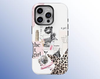 It Girl Collage Phone Case, Fashion Travel Case, Chic Paris NYC Leopard Print Cover, iPhone 17 16 15 14 13 12 11 Pro Max, Samsung S25 S24