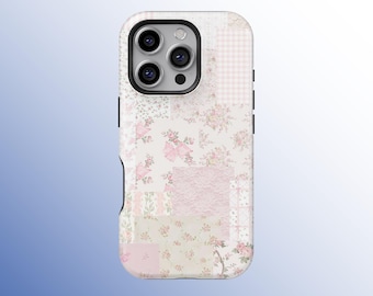 Coque portable fleurs rougissantes, Étuis portables roses avec nœuds collages, Coque de portable patchwork Coquette, iPhone 17 16 15 14 13 12 Pro Max, Samsung S25 S24