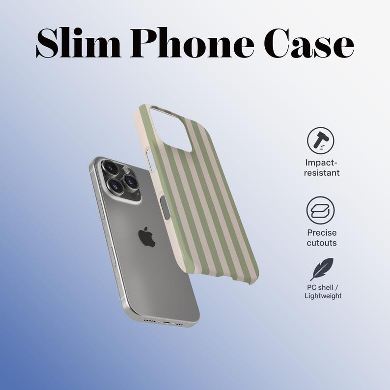May include: A silver smartphone with a protective case. The case is off-white with vertical green stripes. The text "Slim Phone Case" is at the top. Features include impact resistance, precise cutouts, and a lightweight PC shell.