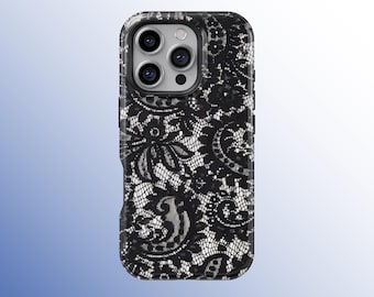 Gothic Black Lace Rose Phone Case, Elegant Floral Lace-Inspired Phone Cover, iPhone 17 16 15 14 13 12 11 Pro Max, Samsung S25 S24 S23 Ultra